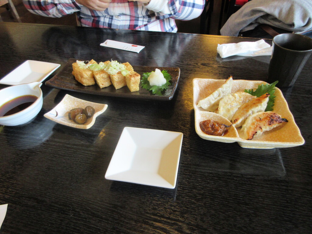 つまみに蕎麦の実餃子、栃尾の揚げ