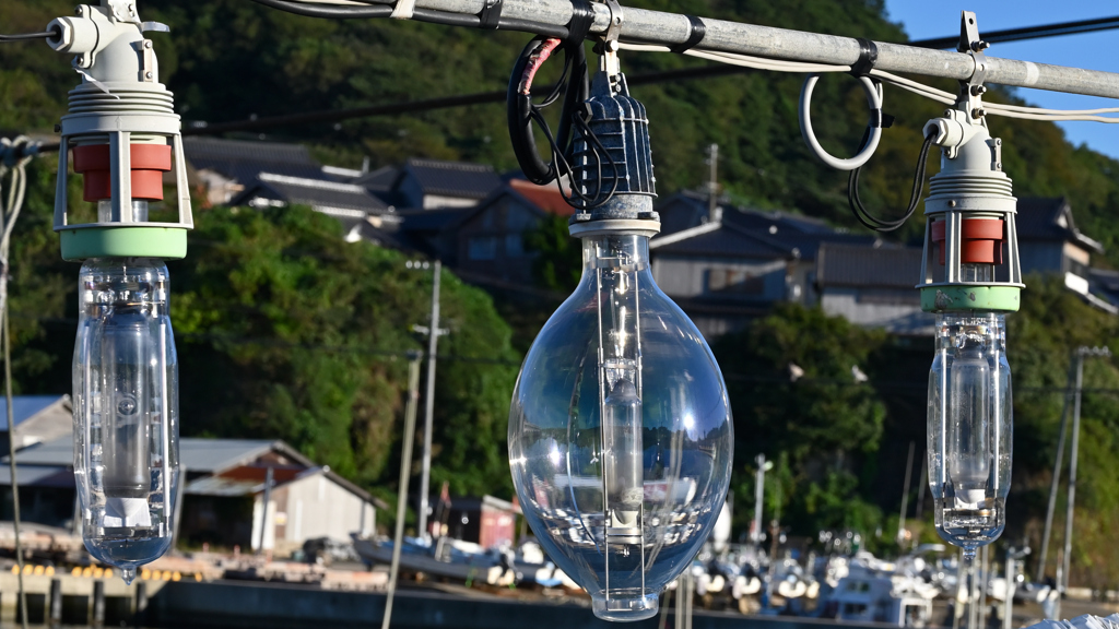 イカ釣り船　集魚ライト　LEDと旧型ランプ