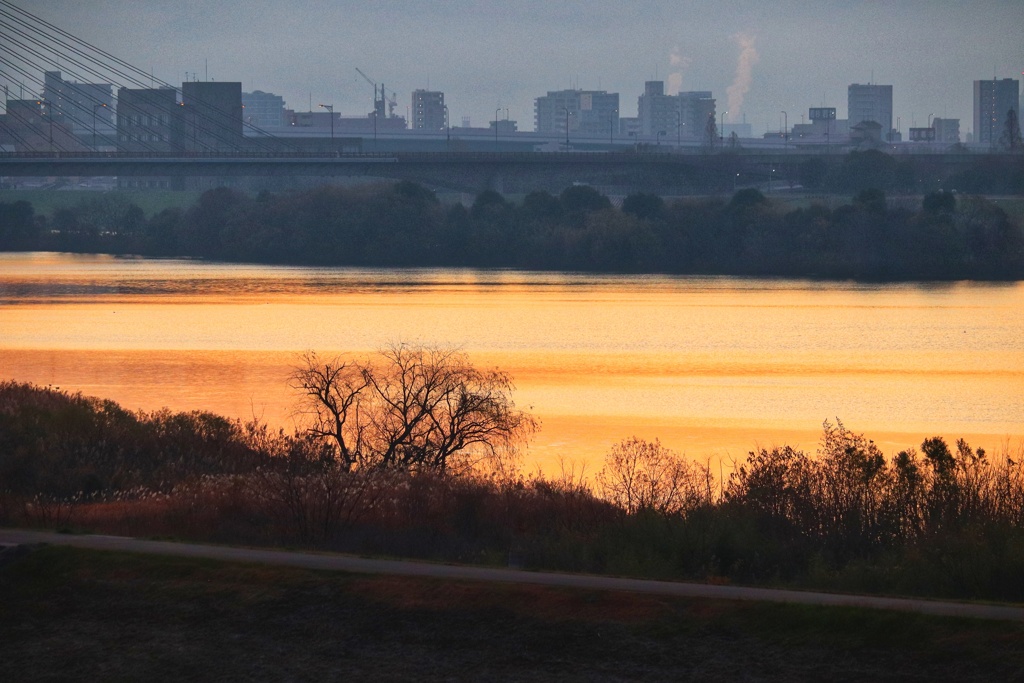 川面が染まる朝