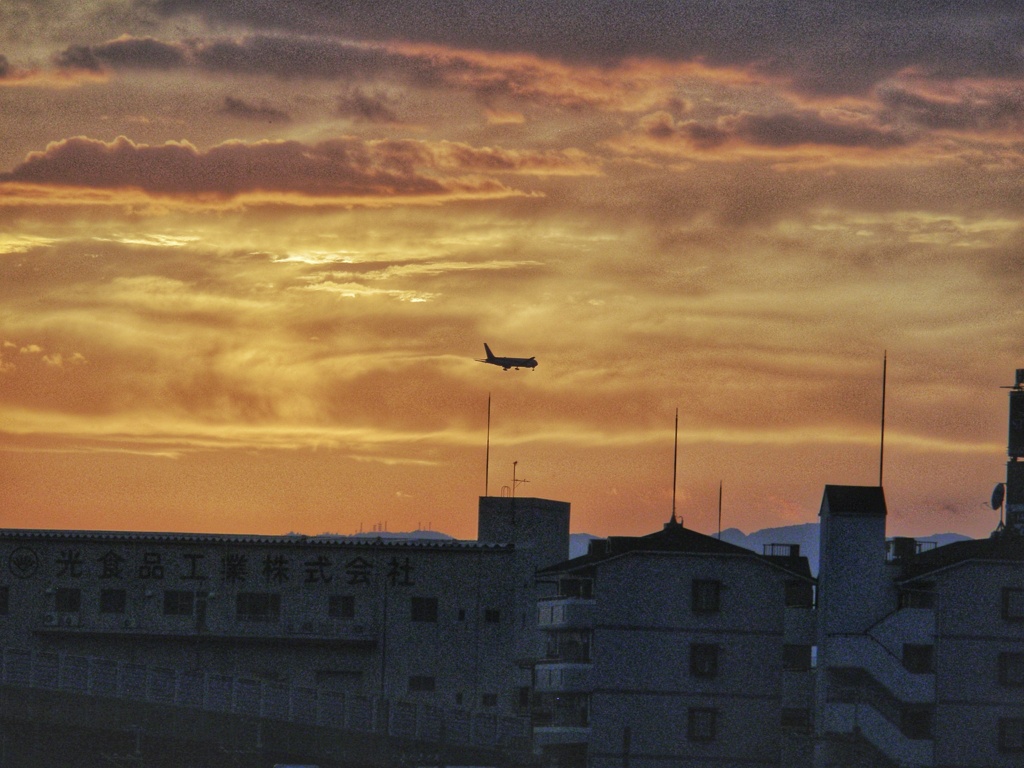 夕空の中を伊丹へ