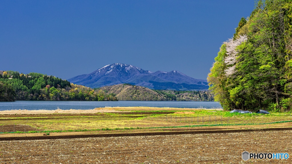 長野県・新緑の飯縄山と野尻湖の風景