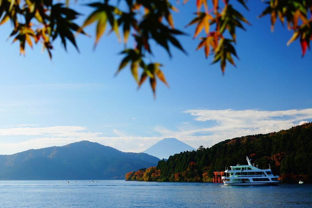 フェリーと紅葉と鳥居と富士山の欲張りセット