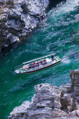 緑の渓流に漕ぎ出した遊覧船