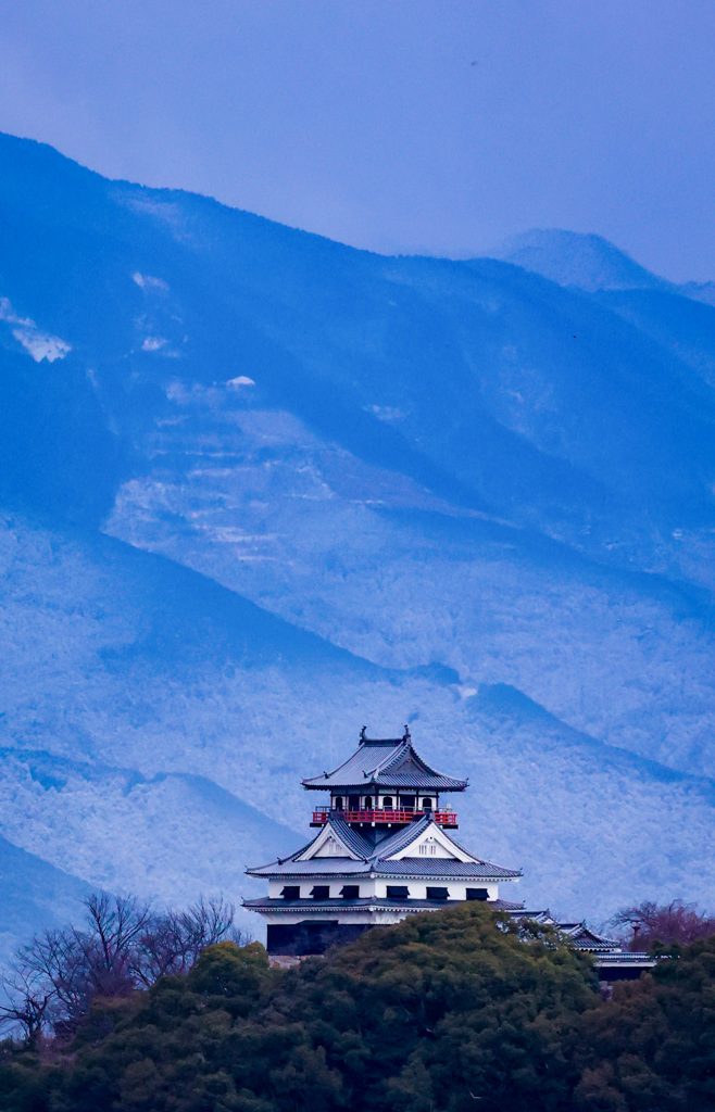 雪化粧の山を背景に浮かび上がる城