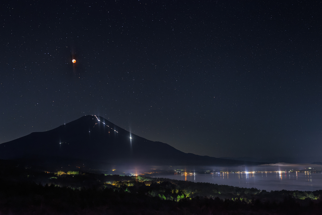 赤い月と富士と山中湖