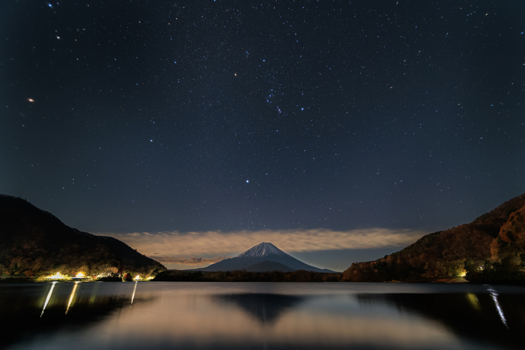 精進湖 富士山とオリオンと大三角