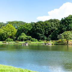 真夏の青空と日本庭園