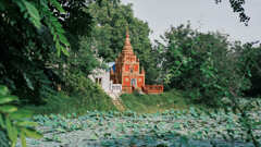 蓮池の対岸に映る仏舎利