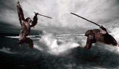 巌流島・・・意気込む武蔵　余裕の小次郎