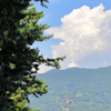 鉄塔と雲と杉の木と