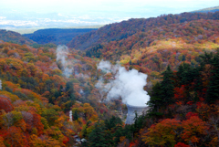 紅葉の中の松川地熱発電所