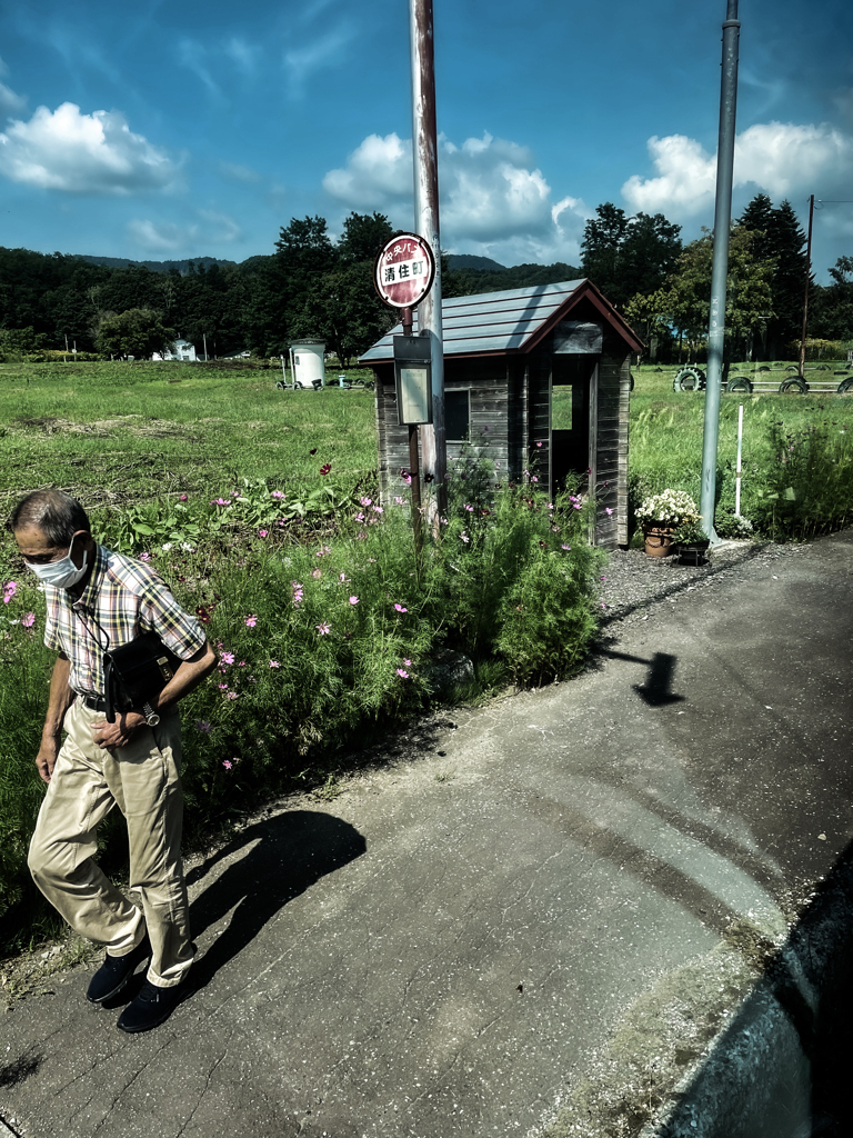 田舎のバス停と矢印の影