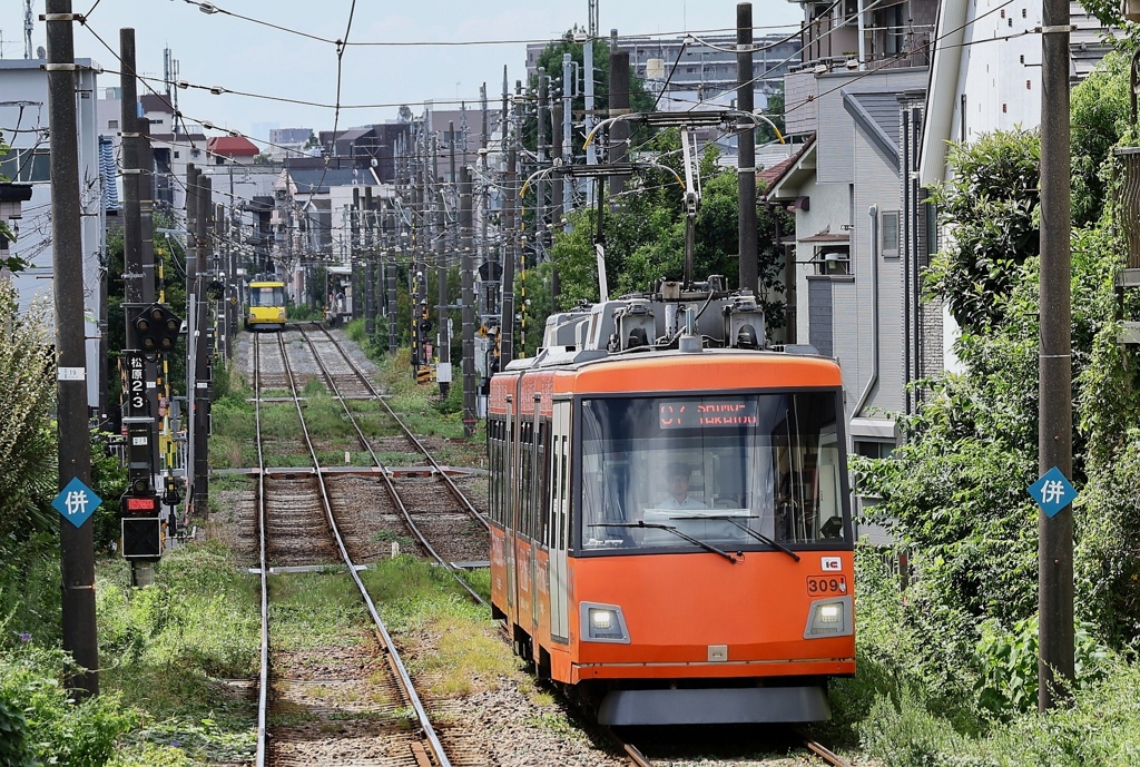 街中を走るカラフルな電車。