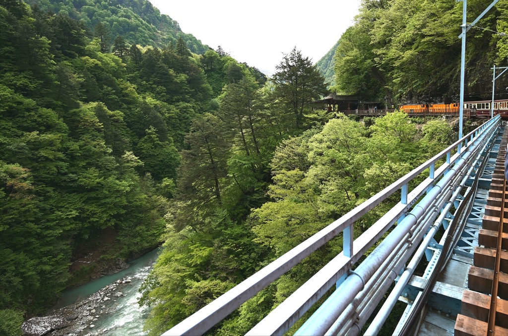 眼下の黒部川とトロッコ電車。