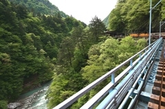 眼下の黒部川とトロッコ電車。