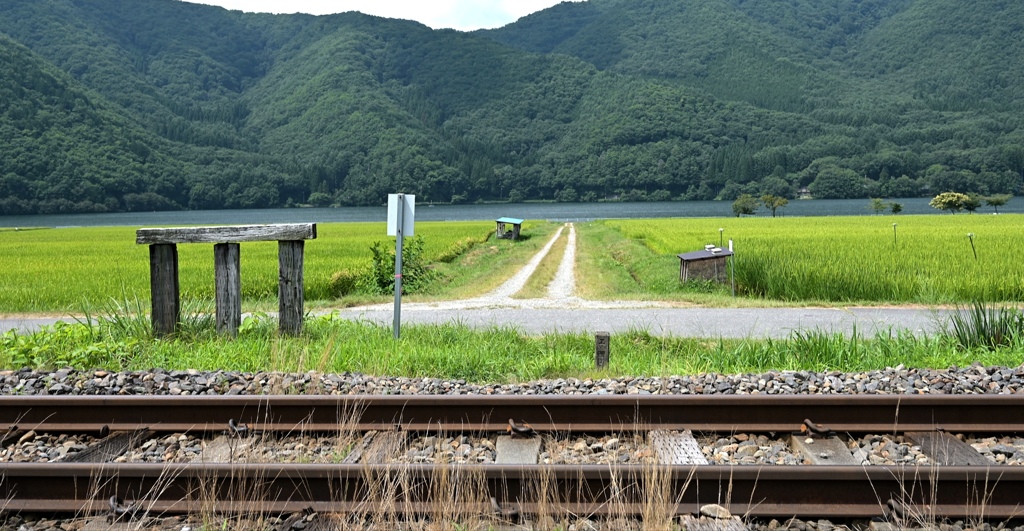 木崎湖に続く道と単線鉄路。