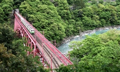新緑の黒部峡谷とトロッコ電車。
