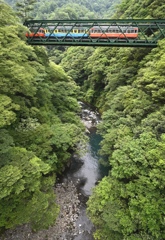 箱根登山鉄道　早川橋梁を渡る旧型車両3両編成。