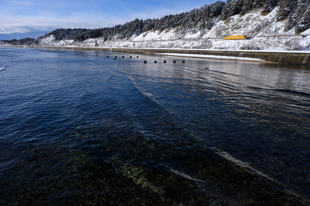 穏やかな波とローカル線