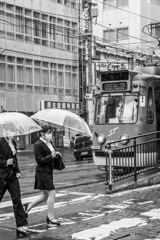 雨の中を走る札幌市電