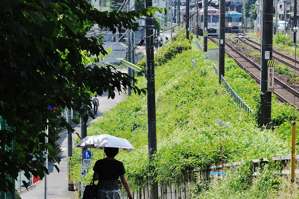 電車も見える坂道