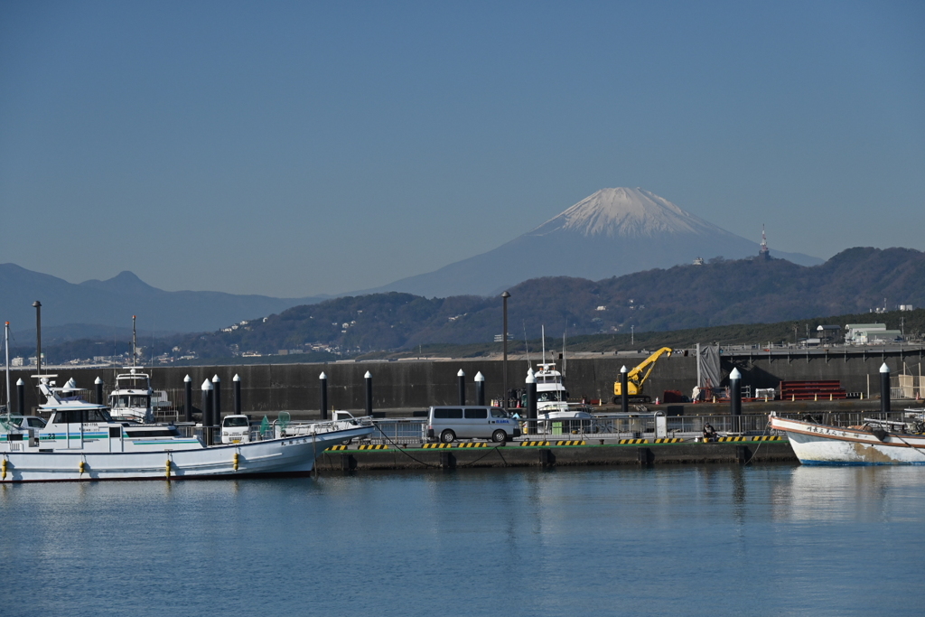 漁港と富士