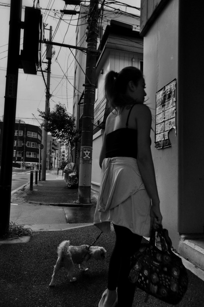 ガード下で犬の散歩休憩中の外国人女性