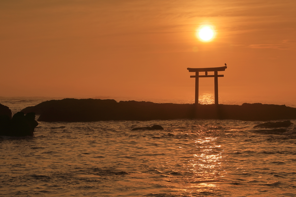 おぼろ太陽と鳥居