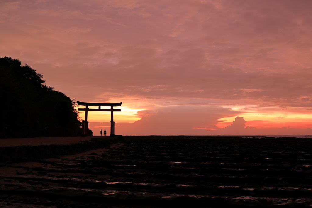 鳥居と散歩中のおふたり　青島神社
