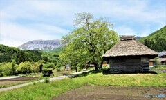 大山と茅葺きの小屋