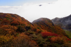 ガスと三俣山の紅葉