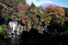 紅葉した白糸の滝と富士山