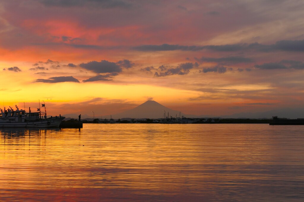 遠くに富士の見える港の夕景