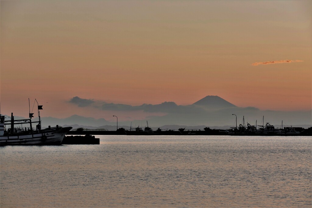 遠景富士と夕凪の港
