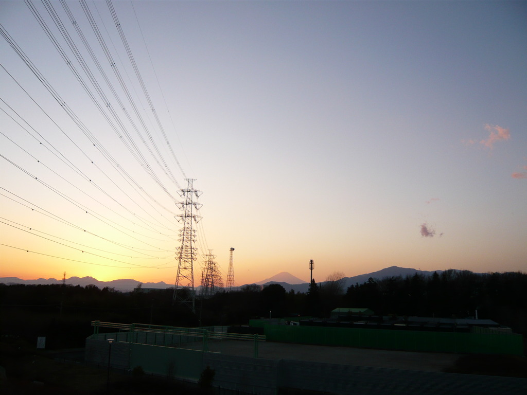 夕方、送電線と。