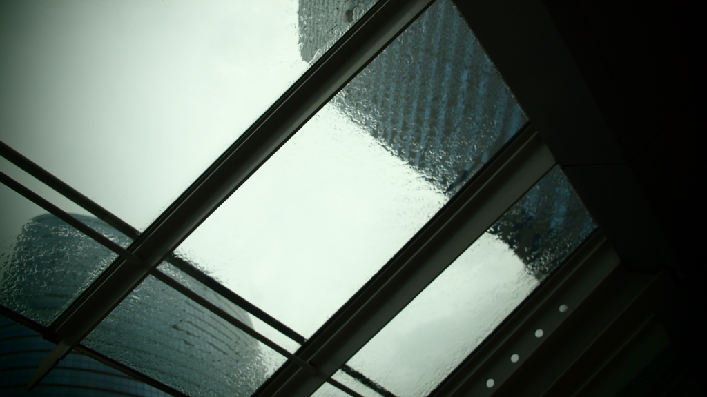 硝子の屋根で雨を避け。