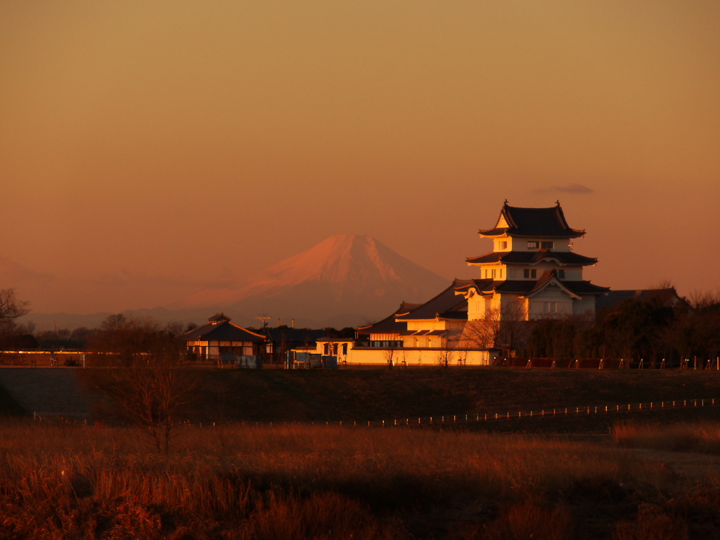 朝陽に輝く関宿の城