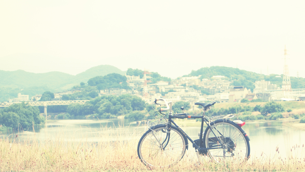 土手に自転車。