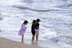 浜辺で波と戯れる