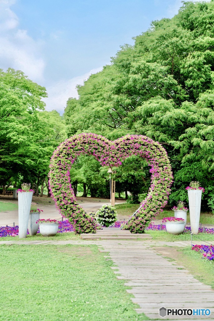 ハート型の花アーチと新緑の公園風景