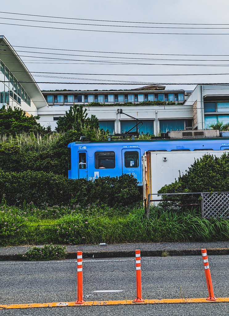 海辺を走る青い電車