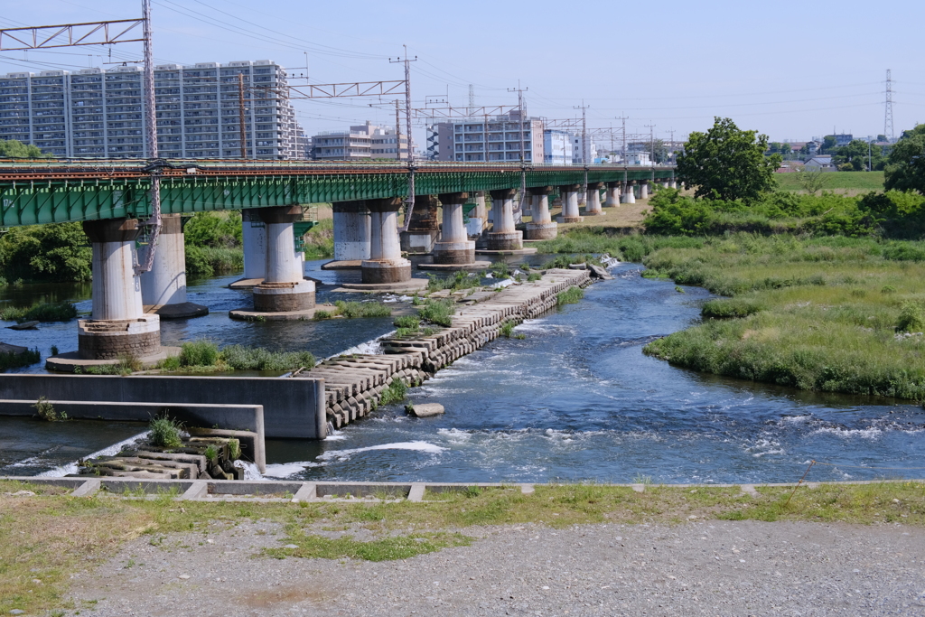 今日の多摩川と中央本線多摩川橋梁