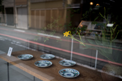 黄色の花と骨董店