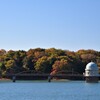 多摩湖の取水塔と紅葉３
