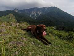 大山をバックにして