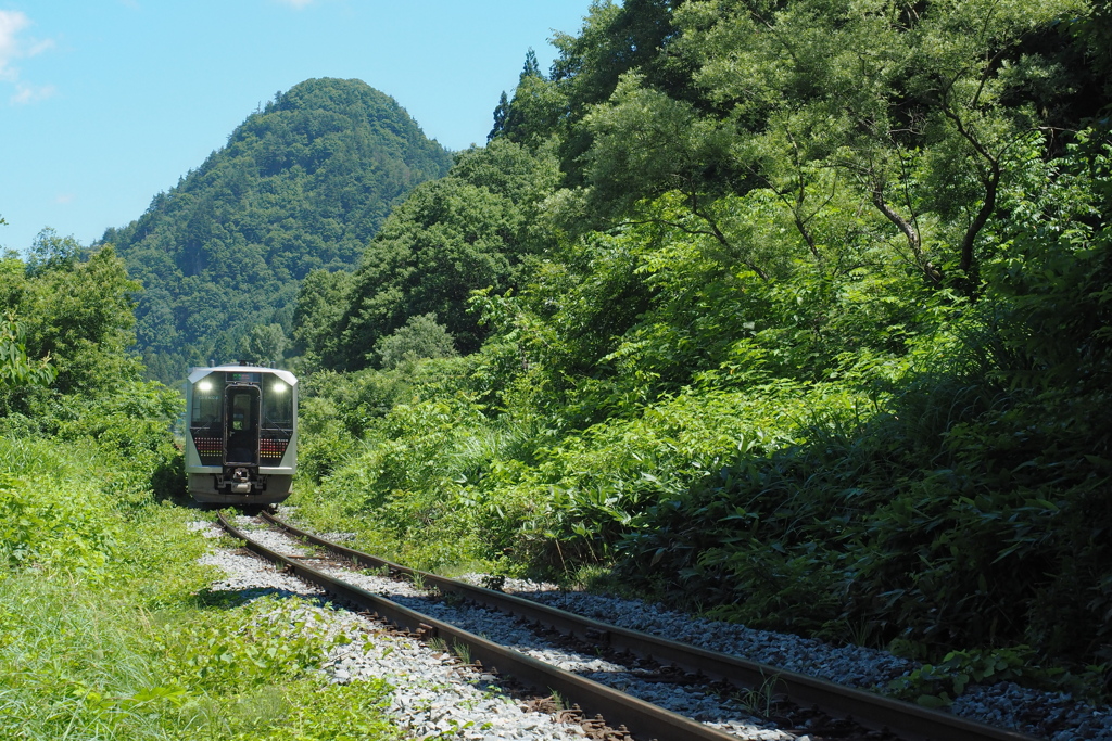山間を行くGV-E400系気動車