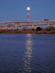 荒川土手のパール鉄塔と翠明に映るムーンロードの風景