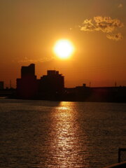 隅田川の夕日とサンロード風景