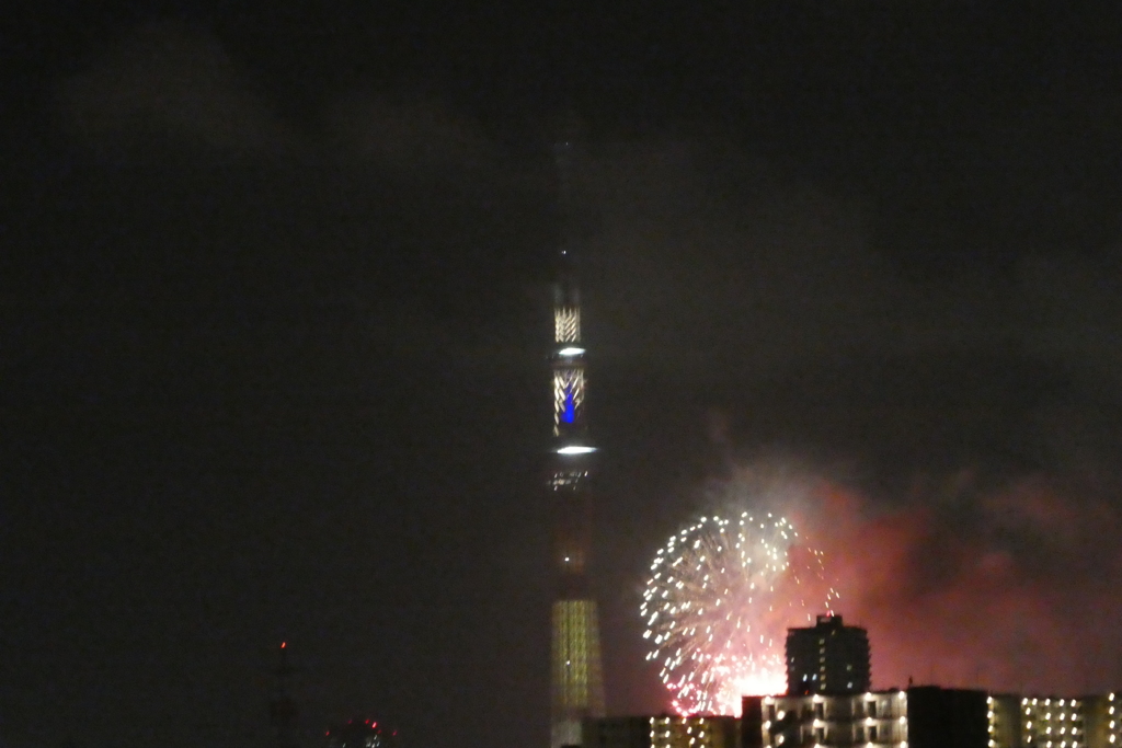 上流の橋から見えた墨田の花火