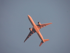 ’２３新春の新橋上空の夕日を浴びる飛行機